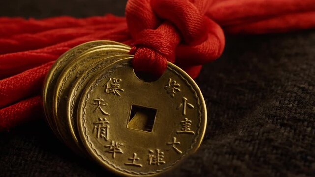 Three antique brass Chinese Feng Shui coins tied with red cord symbolizing wealth and prosperity on dark texture