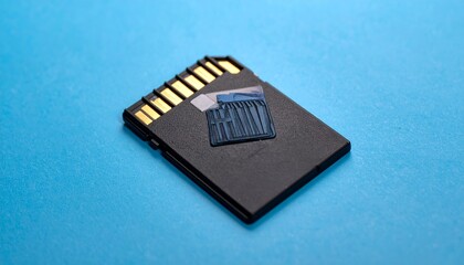 Close-Up Shot Of A Black Memory Card With Gold Contacts Against A Blue Background