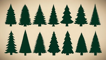 Obraz premium Collection of diverse green pine tree silhouettes on textured background