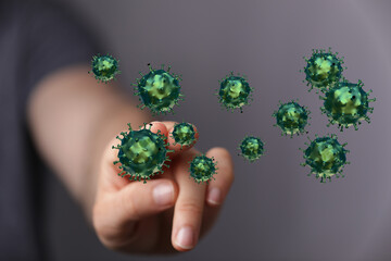 Image depicting a hand interacting with floating viruses, symbolizing disease, spread, and health concerns. Pe