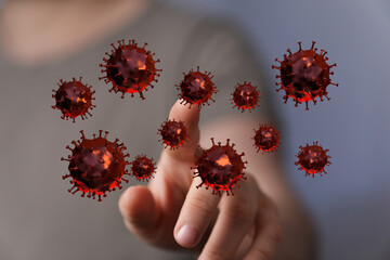 Abstract image visualizing the spread of a virus. Concepts of infection, pandemic and healthcare are evoked.
