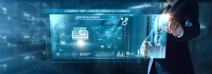 Businessman analyzing Web Development data on virtual interface coding progress, UI design, frontend structure, backend logic, website performance.