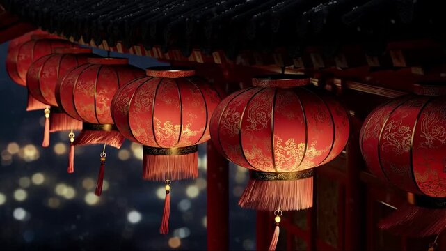 Traditional red Chinese lanterns glowing at night with falling snow and bokeh city lights for Lunar New Year celebration