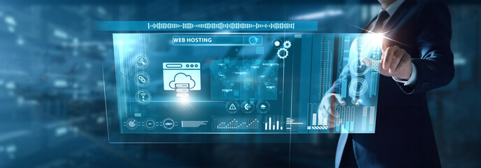 Businessman analyzing Web Hosting data on virtual interface server uptime, storage allocation, domain management, site availability, hosting performance.