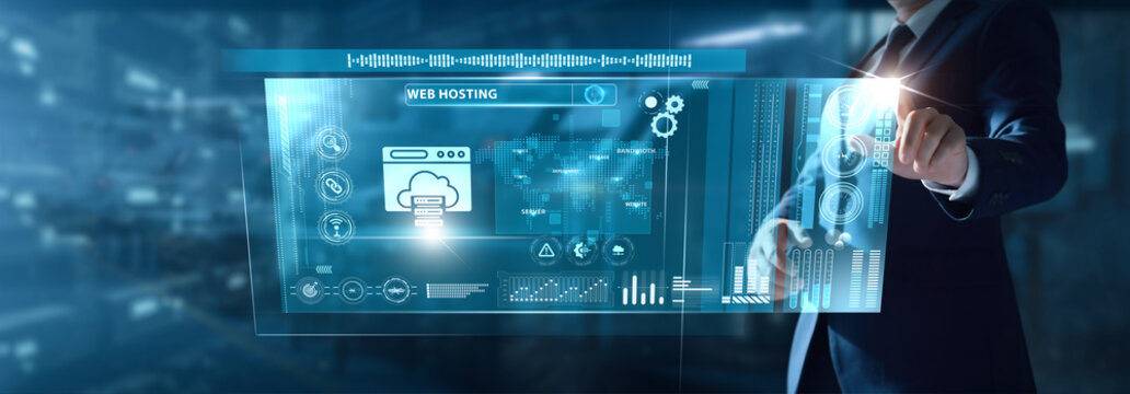Businessman analyzing Web Hosting data on virtual interface server uptime, storage allocation, domain management, site availability, hosting performance. - Powered by Adobe