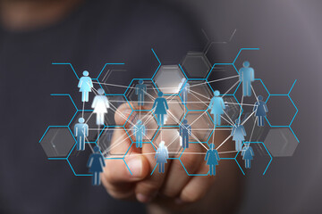 Abstract network of people linked together in digital space. Concept of global connection, community, and teamw