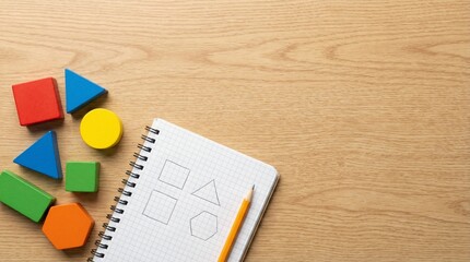 Top view educational background with colorful geometric wooden blocks, open spiral notebook and yellow pencil on light oak desk