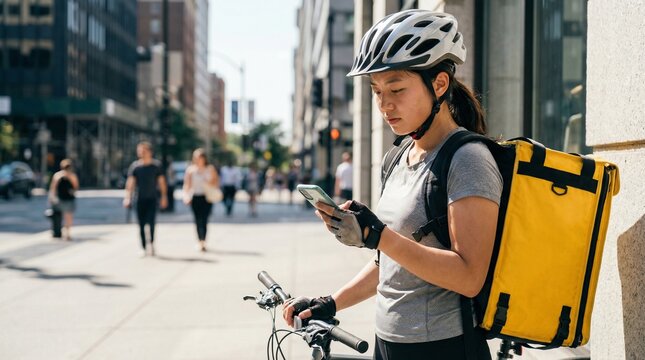 Young Asian female food courier checking smartphone directions on busy city street sidewalk while wearing yellow thermal backpack and bicycle helmet