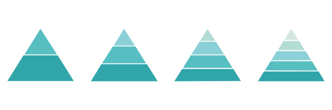 Pyramid infographic blue set. Triangle hierarchy data segments collection. Vector business illustration background.