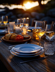 Naklejka premium Dining setup with glasses and plates at sunset by the water