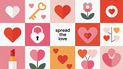 Valentine's day celebration grid with heart shapes, flowers, and love symbols in pink, red, and white colors for romantic greeting cards