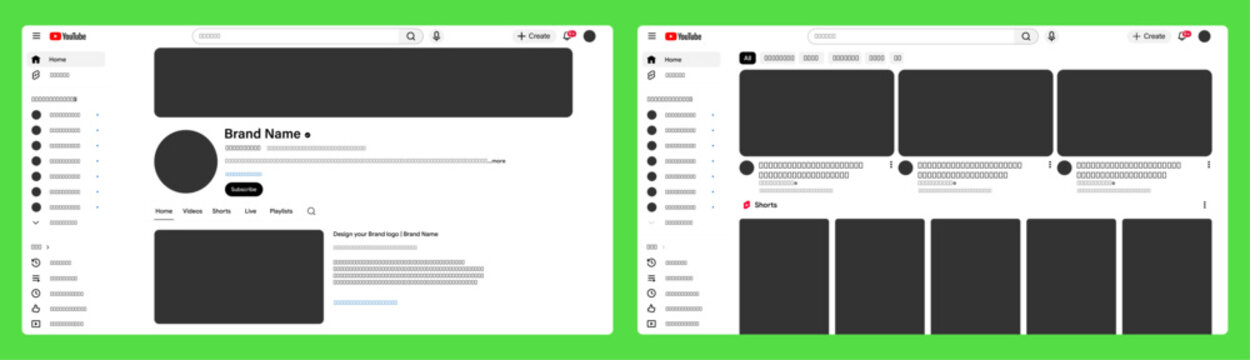 YouTube Destop UI Mockup with Video Feed, Channel Layout, Home page, Social Media Interface in Light mode.