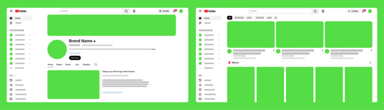 YouTube Destop UI Mockup with Video Feed, Channel Layout, Home page, Social Media Interface in Light mode.