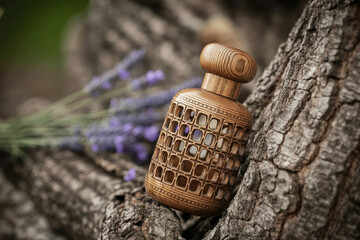 Ornate wooden bottle on rustic tree bark with purple flowers