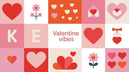 Valentine day icon tile grid with hearts flowers and love symbols in pink and red hues creates a festive vibe