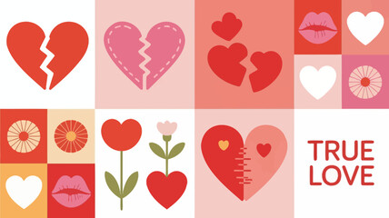 Valentine's day themed collage with heart shapes and flowers in pink and red on white background