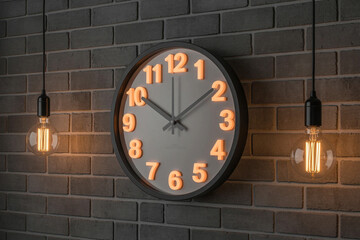 Retro wall clock with glowing numbers and filament bulbs on a dark brick wall