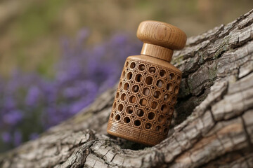 Ornate wooden bottle on rustic tree bark with purple flowers