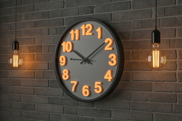 Retro wall clock with glowing numbers and filament bulbs on a dark brick wall