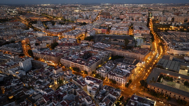Night time aerial view of the Nervi&oacute;n neighborhood of Seville, Andalusia, Spain.
