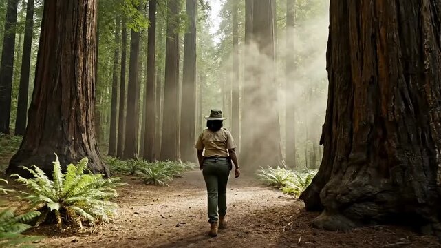 Park ranger walks down a sunlit dirt path surrounded by towering ancient redwood trees and lush green ferns in a mystical forest