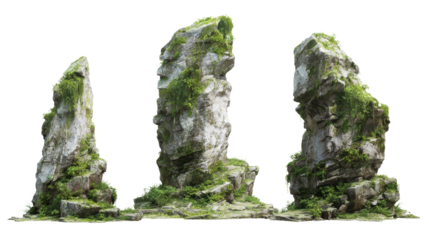Group of three distinct rock formations standing, covered with vibrant green moss and lush vegetation, creating natural stone pillars isolated on transparent background