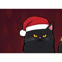 Soft Pastel Annoyed Black Cat in Cozy Santa Hat &ndash; Cute Christmas Cartoon Illustration
