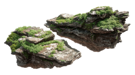 Two levitating moss covered rock islands with lush plants, creating a serene, mystical fantasy scene on a transparent background for versatile design use and compositing