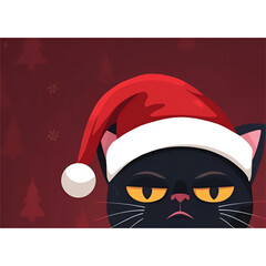 Soft Pastel Annoyed Black Cat in Cozy Santa Hat &ndash; Cute Christmas Cartoon Illustration