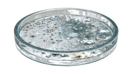 Liquid metal droplets, appearing as mercury, collected in a glass petri dish, showcasing concepts of chemistry and scientific experimentation on a transparent background