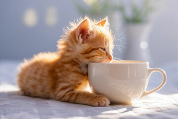 Adorable ginger kitten curiously sniffing a large white coffee cup
