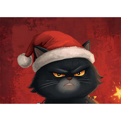 Soft Pastel Annoyed Black Cat in Cozy Santa Hat &ndash; Cute Christmas Cartoon Illustration