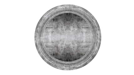 Round grunge frame creating a distressed border with an abstract empty space, showing a scratched texture in a black and white design on a transparent background