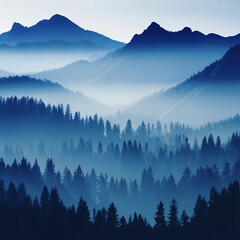 Layered blue mountain landscape with foggy pine forest
