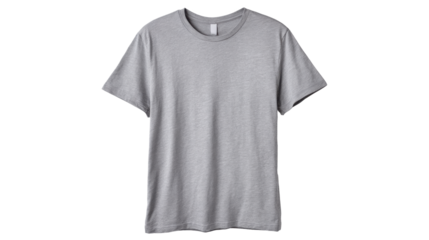 Grey blank t shirt providing plain mockup space for custom branding, designs, and text, featuring soft cotton texture with a transparent background for versatile use