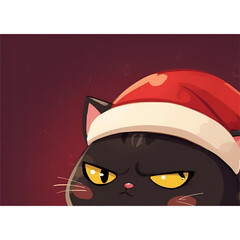 Soft Pastel Annoyed Black Cat in Cozy Santa Hat &ndash; Cute Christmas Cartoon Illustration