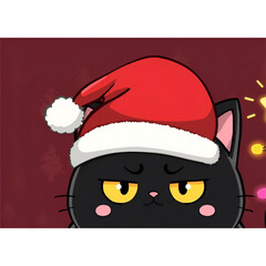 Soft Pastel Annoyed Black Cat in Cozy Santa Hat &ndash; Cute Christmas Cartoon Illustration
