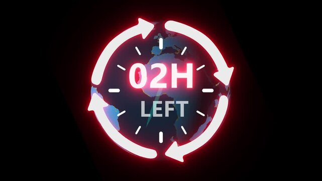 24 hours clock with circle arrow and the numbers 02 Hour left. video animation on alpha channel on background. ast speed with moving timer clock 4k video animation.
