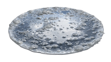 Fototapeta premium Circular patch of thawing ice and water with textured bubbles and reflective surface, close up macro showing transition from frozen to liquid on transparent background