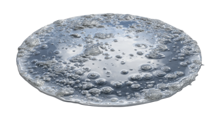 Circular patch of thawing ice and water with textured bubbles and reflective surface, close up macro showing transition from frozen to liquid on transparent background