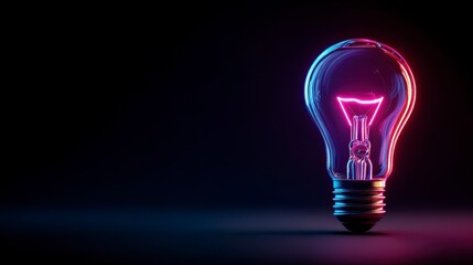 A close-up shot of a glowing lightbulb illuminated by neon light against a dark background, the filament glowing