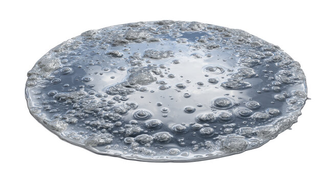 Circular patch of thawing ice and water with textured bubbles and reflective surface, close up macro showing transition from frozen to liquid on transparent background