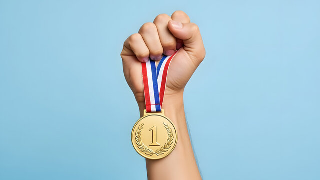 Hand holding gold medal against blue background