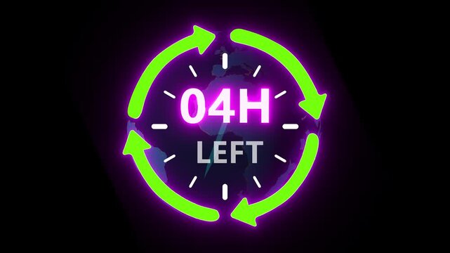 24 hours clock with circle arrow and the numbers 04 Hour left. video animation on alpha channel on background. ast speed with moving timer clock 4k video animation.