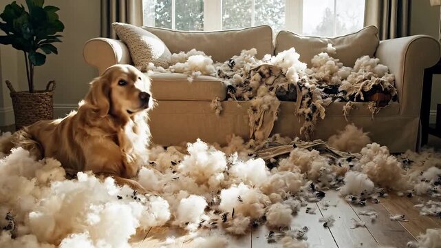 Guilty golden retriever sits amidst destroyed sofa stuffing on hardwood floor creating a humorous pet mischief scene