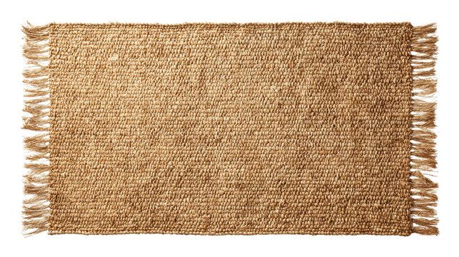 Handwoven jute rug, natural golden brown fiber mat with fringed edges, organic sisal texture providing rustic earth tone decor element, transparent background