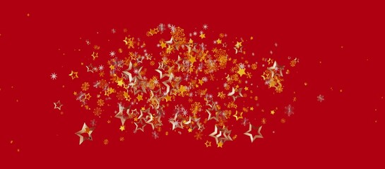 Abstract Christmas background featuring golden stars and snowflakes on a vibrant red backdrop,...
