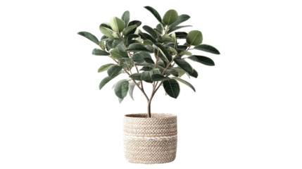 Tropical houseplant with lush green leaves and sturdy stems in a beige woven basket, ideal for modern interiors and home decor, isolated on transparent background for easy use