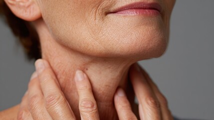 Senior woman's hands gently touching her wrinkled neck, highlighting the natural aging process, fine lines, and skin texture, symbolizing skincare, anti aging, and self care