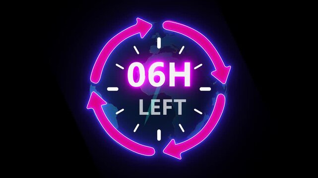 24 hours clock with circle arrow and the numbers 06 Hour left. video animation on alpha channel on background. ast speed with moving timer clock 4k video animation.